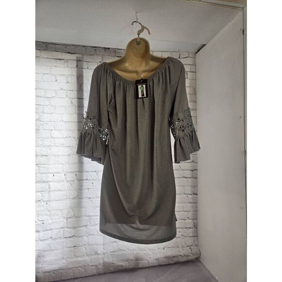 WinWin Womens Size S/M Grey Ruffle Sleeve Tunic - Picture 3 of 5
